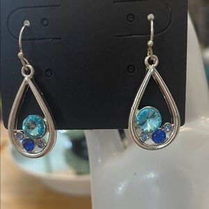 Elegant Silver tone and Blue stone Teardrop Earrings